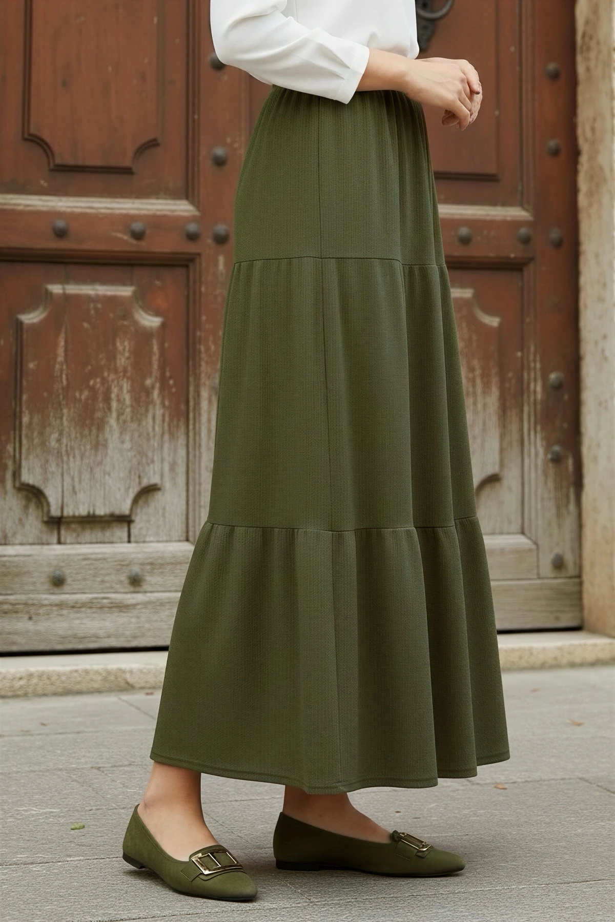 Haki Eteği Katlı Bel Lastikli Bürümcük Etek