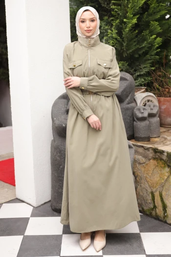 Haki Fermuarlı Lastik Kemerli Elbise