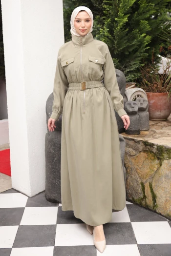 Haki Fermuarlı Lastik Kemerli Elbise