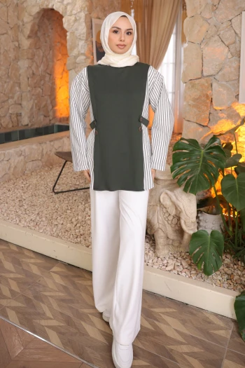 Haki Gömlek Garnili Modal Sweat