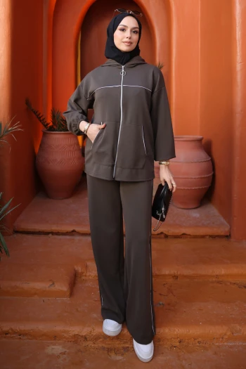 Haki Kapüşonlu Fermuarlı Sweat Hırka Pantolonlu Takım