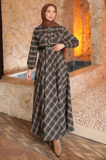 Haki Kemerli Ekose Desenli Düğmeli Elbise