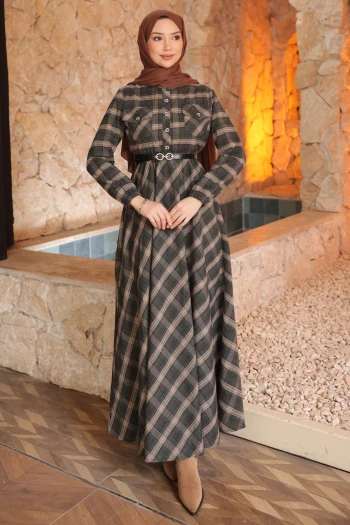 Haki Kemerli Ekose Desenli Düğmeli Elbise