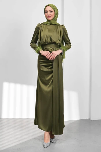 Haki Kemerli Önü Drapeli Balık Model Saten Abiye