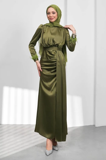 Haki Kemerli Önü Drapeli Balık Model Saten Abiye