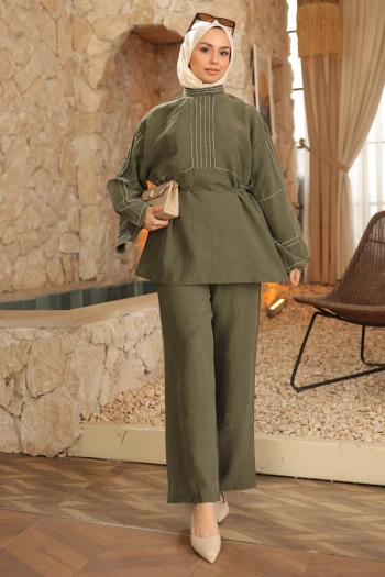 Haki Nakışlı Bel İpli Tunik Pantolonlu Takım