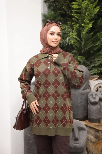 Haki Polo Yaka Baklava Desenli Triko Kazak