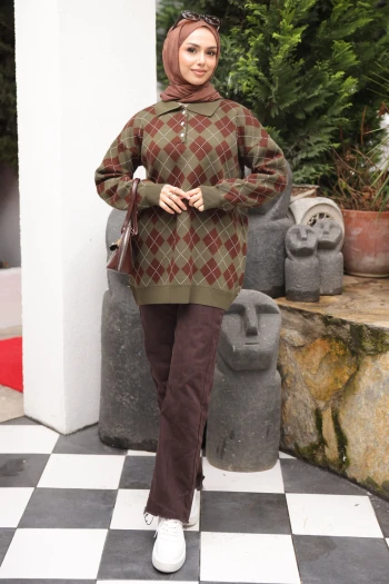 Haki Polo Yaka Baklava Desenli Triko Kazak