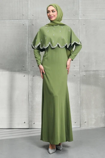 Haki Seyyar Pelerinli Taşlı Balık Model Abiye