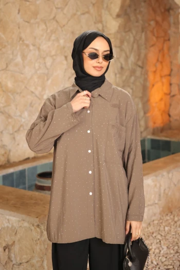 Haki Tek Cepli Taşlı Salaş Gömlek