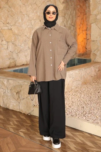 Haki Tek Cepli Taşlı Salaş Gömlek