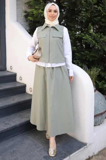 Haki Yelek Gömlek Etek Üçlü Takım
