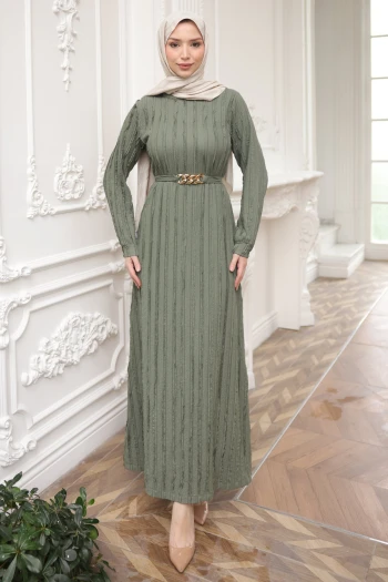 Haki Zincir Kemerli Fırfırlı Gofre Elbise