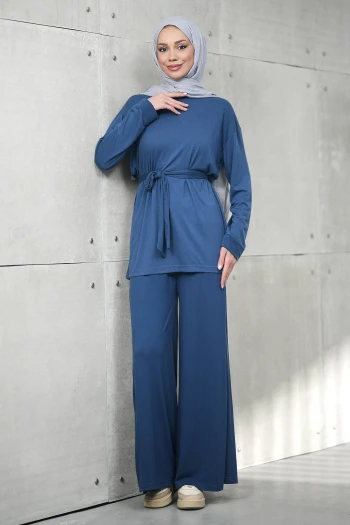 İndigo Bel Bağlamalı Tunik Pantolonlu Modal Takım