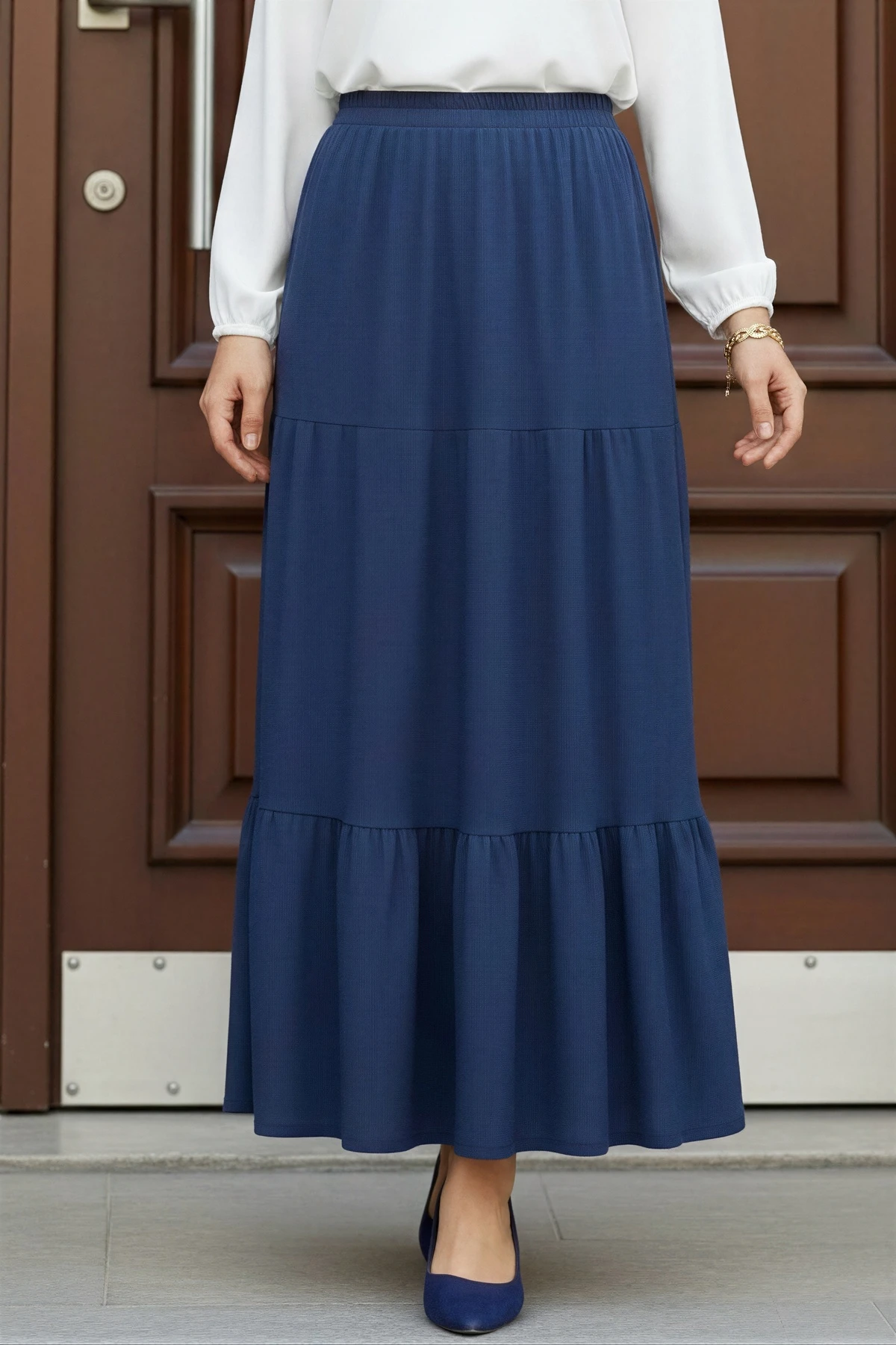İndigo Eteği Katlı Bel Lastikli Bürümcük Etek