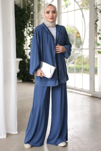 İndigo Fermuarlı Kapüşonlu Tunik Pantolonlu Modal Takım