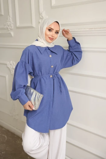 İndigo Kendinden Desenli İp Detaylı Gömlek