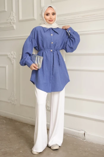 İndigo Kendinden Desenli İp Detaylı Gömlek