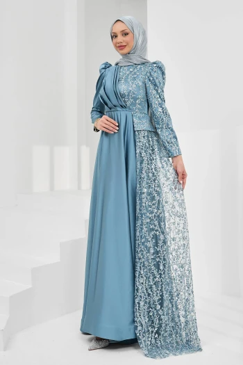 İndigo Önü Drapeli Pul Payetli Saten Abiye