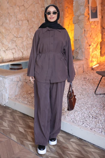 Kahverengi Bel Bağlamalı Tunik Pantolonlu Modal Takım