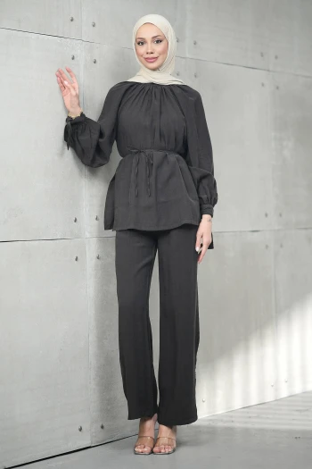 Kahverengi Bel Bağlamalı Tunik Pantolonlu Tensel Takım