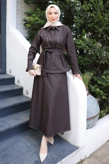 Kahverengi Bel Kuşaklı Çift Cepli Ceket Etekli Takım