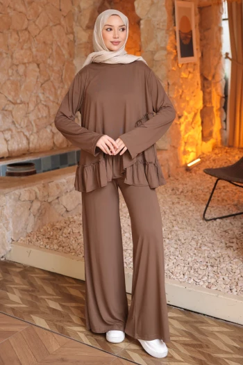 Kahverengi Eteği Fırfırlı Tunik Pantolonlu Modal Takım