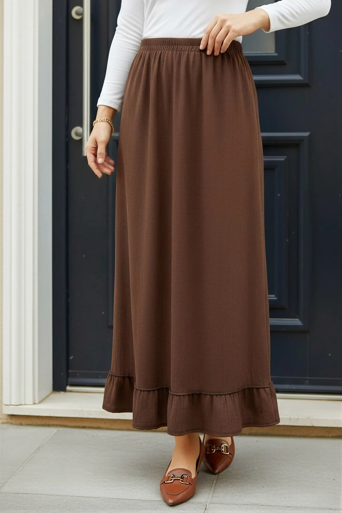 Kahverengi Eteği Katlı Bel Lastikli Bürümcük Etek