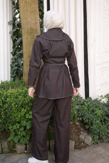 Kahverengi Fermuarlı Kemerli Ceket Pantolonlu Takım