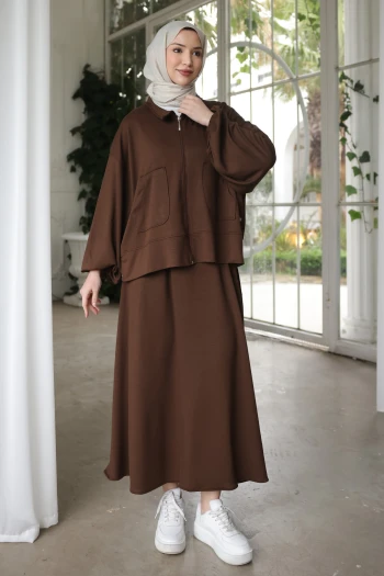 Kahverengi Fermuarlı Sweat Hırka Etekli Modal Takım