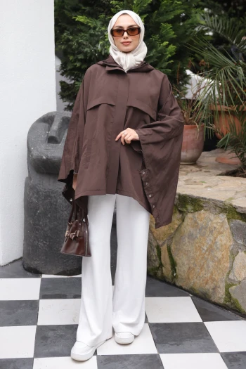 Kahverengi Kapüşonlu Fermuarlı Oversize Panço