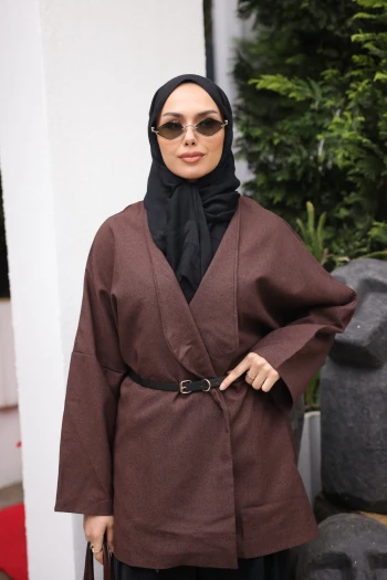 Kahverengi Kemerli Kruvaze Yaka Salaş Ceket