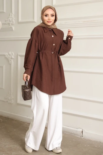 Kahverengi Kendinden Desenli İp Detaylı Gömlek