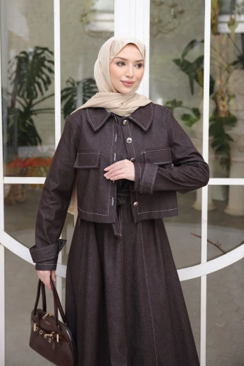 Kahverengi Kot Ceket Elbise İkili Kombin Takım