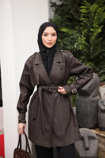 Kahverengi Kruvaze Yaka Cepli Kuşaklı Ceket