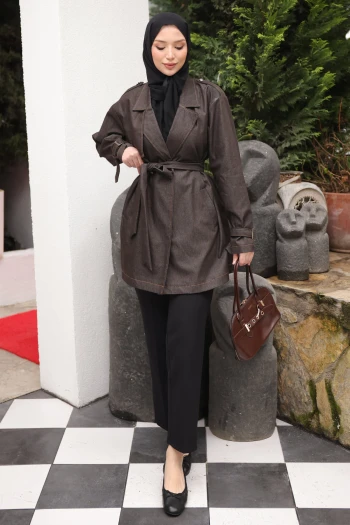 Kahverengi Kruvaze Yaka Cepli Kuşaklı Ceket