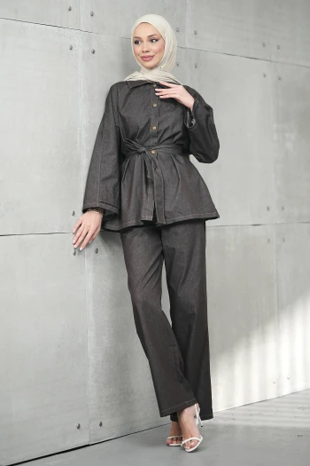 Kahverengi Kuşaklı Ceket Pantolonlu Kot Takım