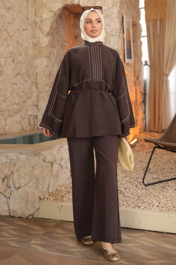 Kahverengi Nakışlı Bel İpli Tunik Pantolonlu Takım