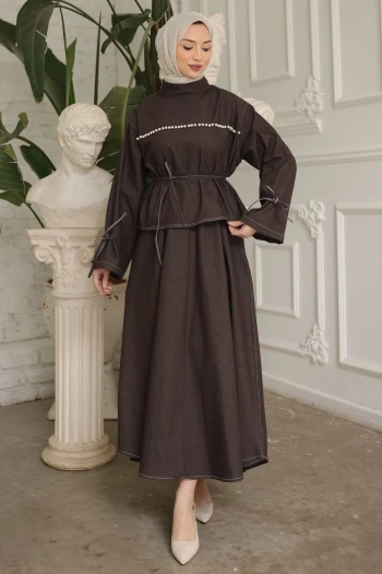 Kahverengi Önü İncili Bağlama Detaylı Etekli Kot Takım