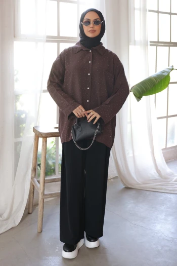 Kahverengi Tek Cepli Taşlı Salaş Gömlek