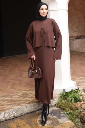 Kahverengi Triko Hırka Elbise İkili Kombin Takım