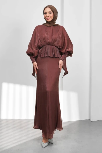 Kahverengi Yarasa Kol  Katlı Janjan Abiye