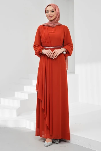 Kiremit Büyük Beden Bel Taşlı Abiye