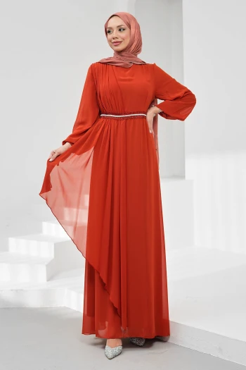 Kiremit Büyük Beden Bel Taşlı Abiye