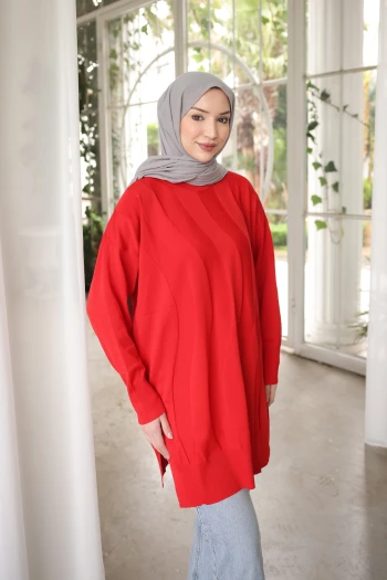 Kırmızı Bisiklet Yaka Soğuk İplik Triko Tunik