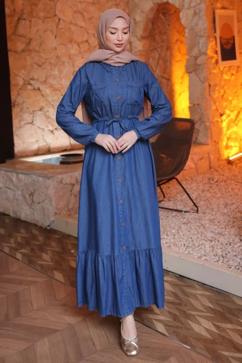 Koyu Mavi Bel Bağlamalı Eteği Katlı Kot Elbise