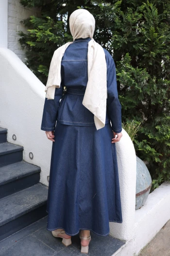 Koyu Mavi Bel Kuşaklı Çift Cepli Ceket Etekli Takım