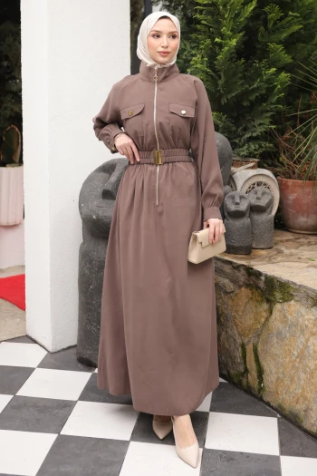 Koyuv Vizon Fermuarlı Lastik Kemerli Elbise