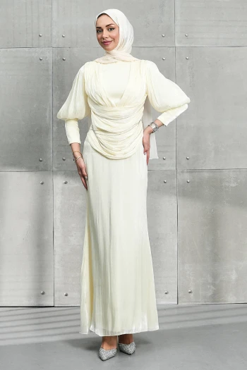 Krem Beli Zincir Detaylı Drapeli Janjan Abiye