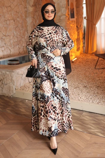 Krem Desenli Ön Bağlamalı Saten Bluz Etekli Takım